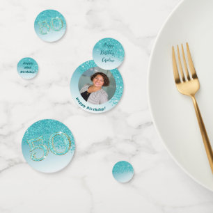 Happy 50th Birthday Chic Falling Teal Blue Glitter Confetti