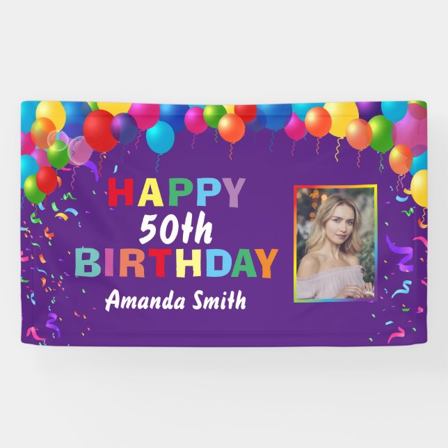 Happy 50th Birthday Colourful Balloons Purple Banner (Horizontal)