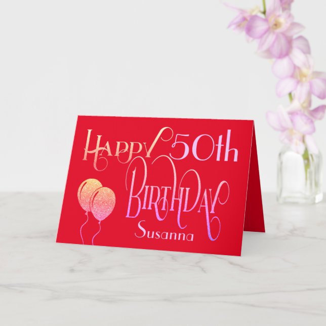 Happy 50th Birthday Elegant Script Name Red Card (Orchid)