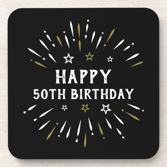 Happy 50th Birthday Fireworks Black White Gold Coaster (Front)