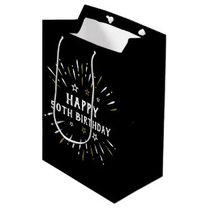 Happy 50th Birthday Fireworks Black White Gold Medium Gift Bag