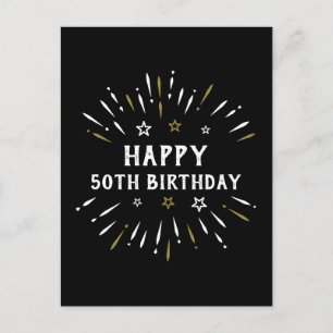 Happy 50th Birthday Fireworks Black White Gold Postcard