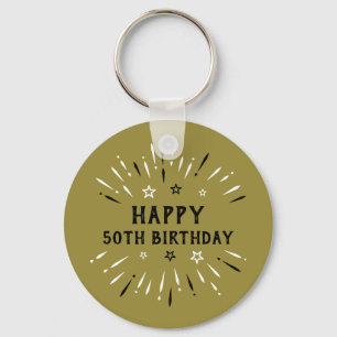 Happy 50th Birthday Fireworks Gold Black White Keychain