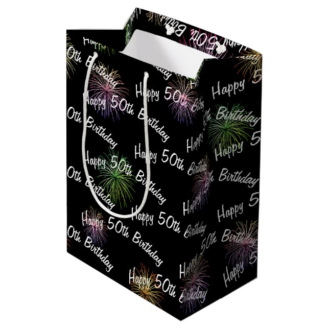 Happy 50th Birthday fireworks on black Medium Gift Bag (Back Angled)