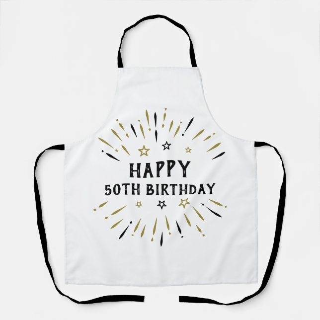 Happy 50th Birthday Fireworks White Black Gold Apron (Front)