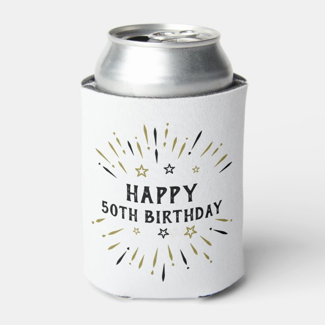 Happy 50th Birthday Fireworks White Black Gold Can Cooler (Can Front)