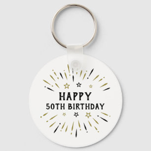 Happy 50th Birthday Fireworks White Black Gold Keychain