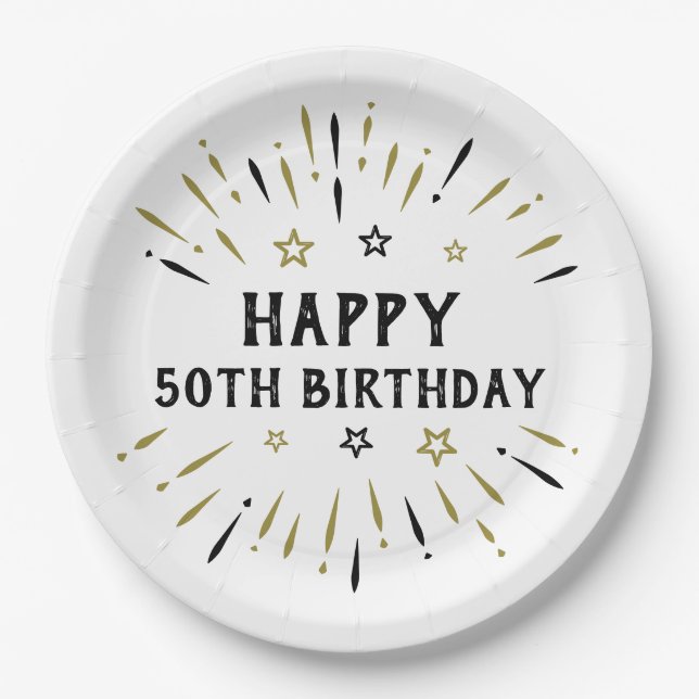 Happy 50th Birthday Fireworks White Black Gold Paper Plate (Front)