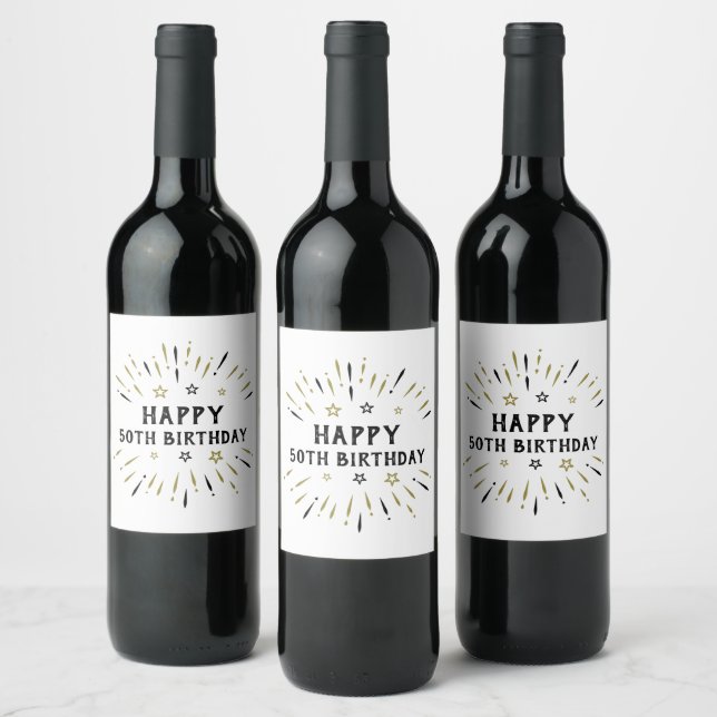 Happy 50th Birthday Fireworks White Black Gold Wine Label (Bottles)