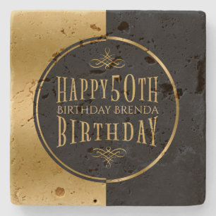 Happy 50th Birthday-Geometric Black & Gold Stone Coaster
