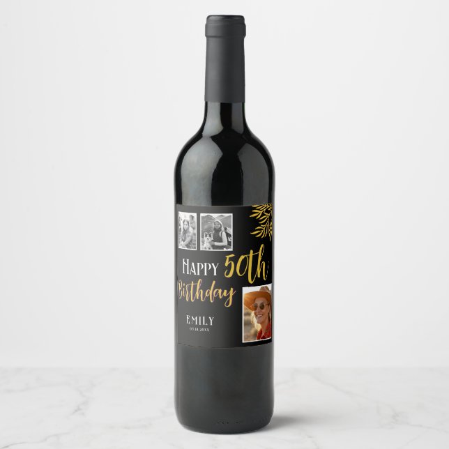 Happy 50th Birthday Gold Foliage 3 Photo  Wine Label (Front)
