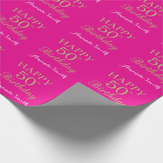 Happy 50th Birthday Gold Glitter and Hot Pink Wrapping Paper (Corner)