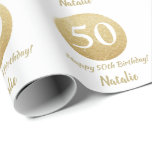 Happy 50th Birthday Gold Glitter and White Wrapping Paper<br><div class="desc">Happy 50th Birthday Gold Glitter and White Wrapping Paper with personalized name. For further customization,  please click the "Customize it" button and use our design tool to modify this template.</div>