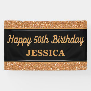 Happy 50th Birthday Gold Glitter Black Banner