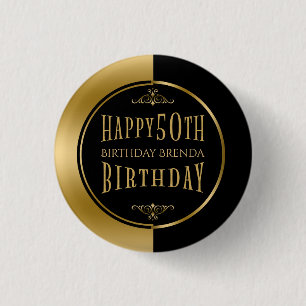 Happy 50th Birthday Modern Geometric Black & Gold 1 Inch Round Button