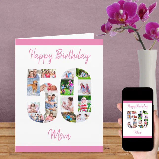 Happy 50th Birthday Mom Number 50 Photo Collage Card Zazzle