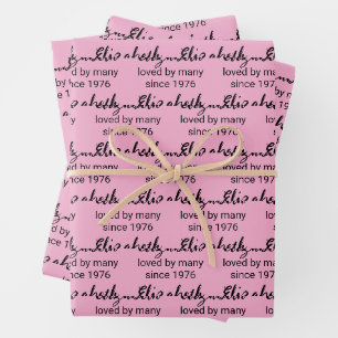 Happy 50th Birthday Name Black and Pink Wrapping Paper Sheet