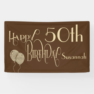 Happy 50th Birthday Name Gold Text Brown Banner