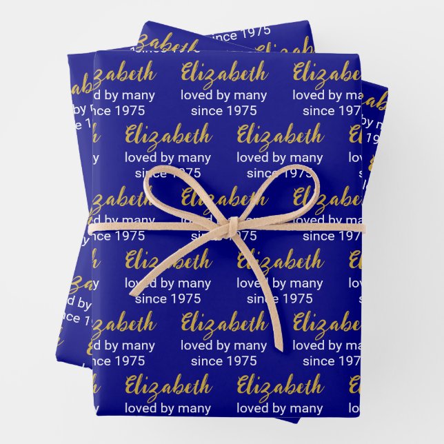 Happy 50th Birthday Name Gold White and Navy Blue Wrapping Paper Sheet (In situ)