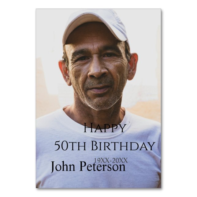 Happy 50th birthday name photo year man simple min table number (Front)