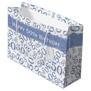Happy 50th Birthday Number Pattern Blue/White Large Gift Bag