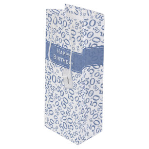 Happy 50th Birthday Number Pattern Blue/White Wine Gift Bag