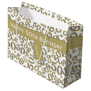 Happy 50th Birthday Number Pattern Gold/White Large Gift Bag