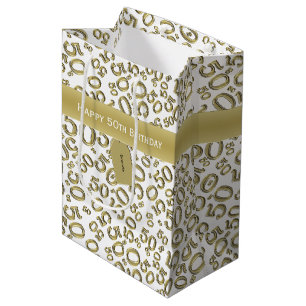 Happy 50th Birthday Number Pattern Gold/White Medium Gift Bag