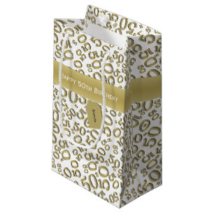 Happy 50th Birthday Number Pattern Gold/White Small Gift Bag