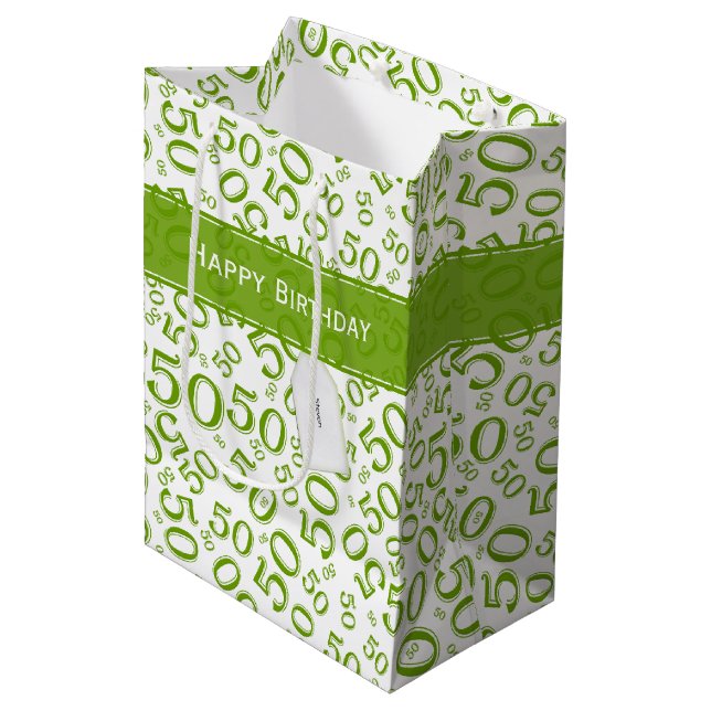 Happy 50th Birthday Number Pattern Green/White Medium Gift Bag (Front Angled)