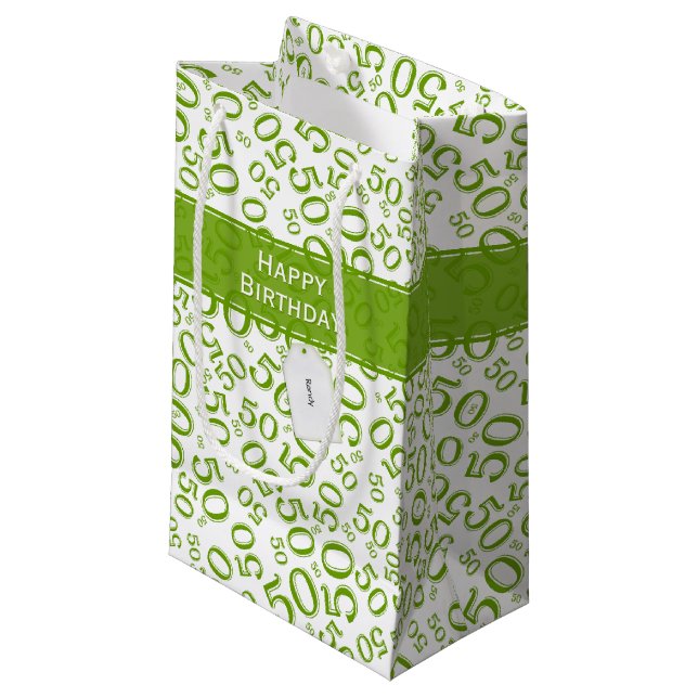 Happy 50th Birthday Number Pattern Green/White Small Gift Bag (Front Angled)
