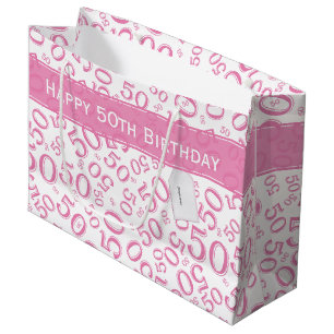 Happy 50th Birthday Number Pattern Pink/White Large Gift Bag