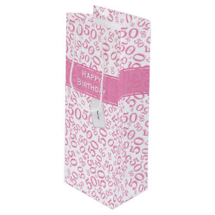 Happy 50th Birthday Number Pattern Pink/White Wine Gift Bag