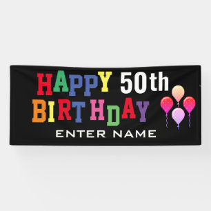 Happy 50th Birthday Party Colorful Balloons Custom Banner