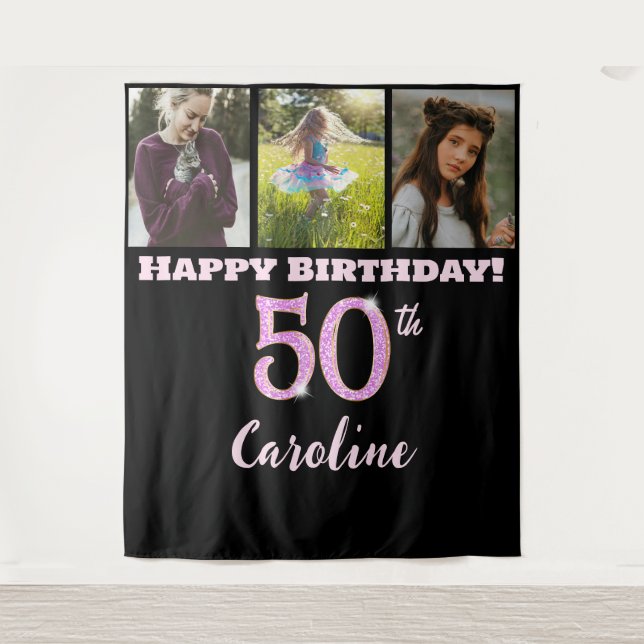Happy 50th Birthday Party, Pink Glitter & 3 photos Tapestry (Front)