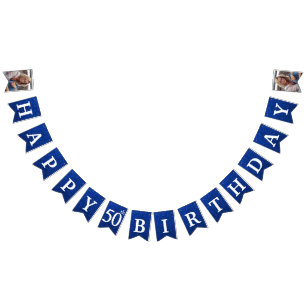 Happy 50th Birthday Photo Blue Glitter Bunting Flags