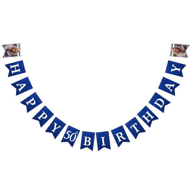 Happy 50th Birthday Photo Blue Glitter Bunting Flags (All)