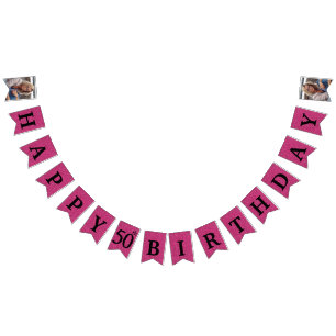 Happy 50th Birthday Photo Hot Pink Glitter Bunting Flags