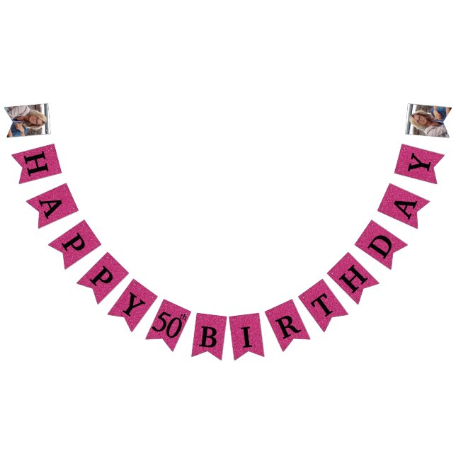 Happy 50th Birthday Photo Hot Pink Glitter Bunting Flags (All)