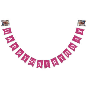 Happy 50th Birthday Photo Hot Pink Glitter Bunting Flags