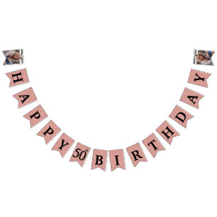 Happy 50th Birthday Photo Rose Gold Glitter Bunting Flags