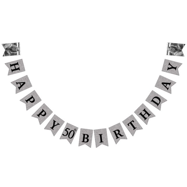 Happy 50th Birthday Photo Silver Glitter Bunting Flags (All)