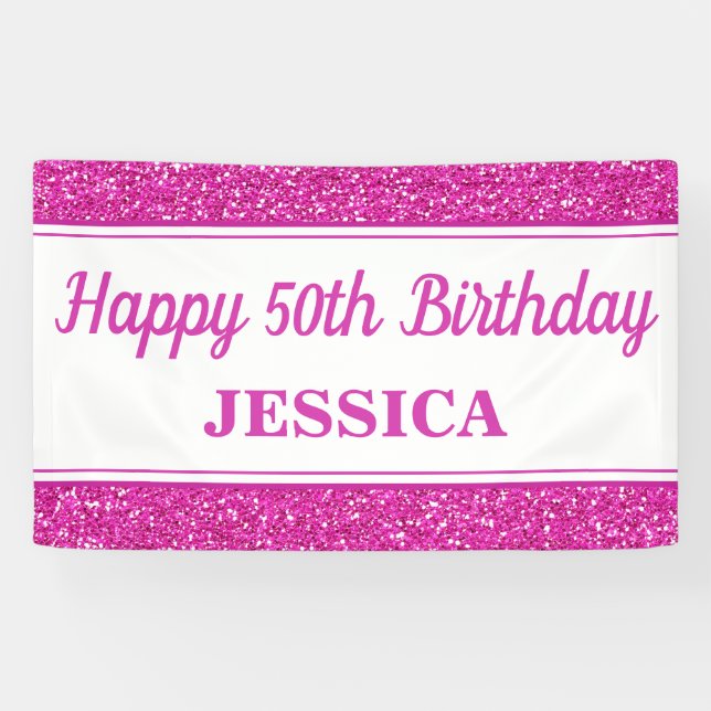 Happy 50th Birthday Pink Glitter Banner (Horizontal)