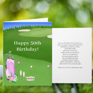 Happy 50th Birthday Pink Golf Bag On Golf Course Card