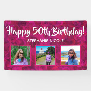 Happy 50th Birthday Pink Personalized Photos Banner