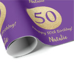Happy 50th Birthday Purple and Gold Glitter Wrapping Paper<br><div class="desc">Happy 50th Birthday Purple and Gold Glitter Wrapping Paper with personalized name. For further customization,  please click the "Customize it" button and use our design tool to modify this template.</div>