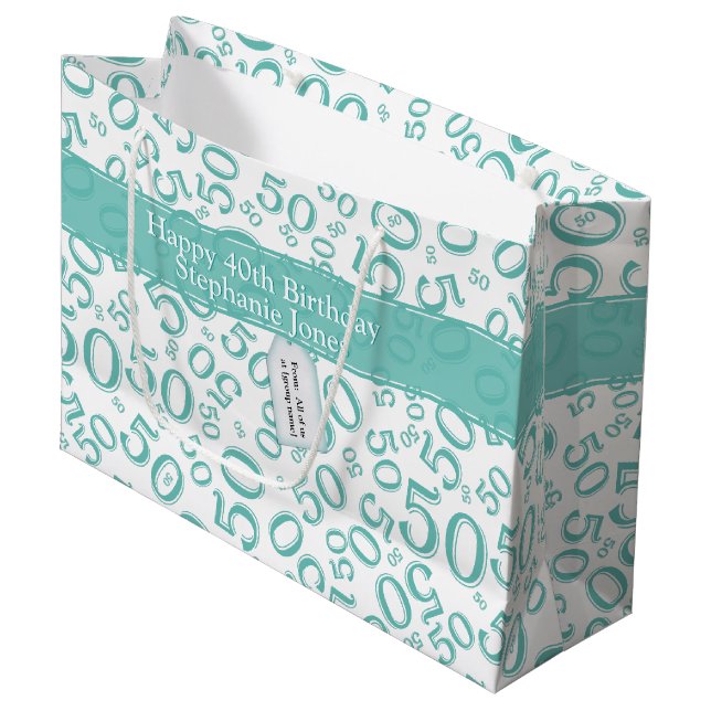 Happy 50th Birthday  Random Pattern Teal/White Large Gift Bag (Front Angled)