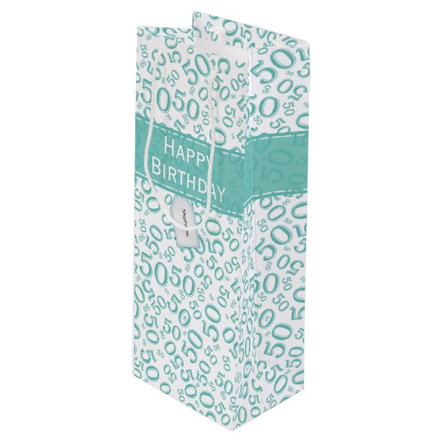 Happy 50th Birthday  Random Pattern Teal/White Wine Gift Bag (Front Angled)