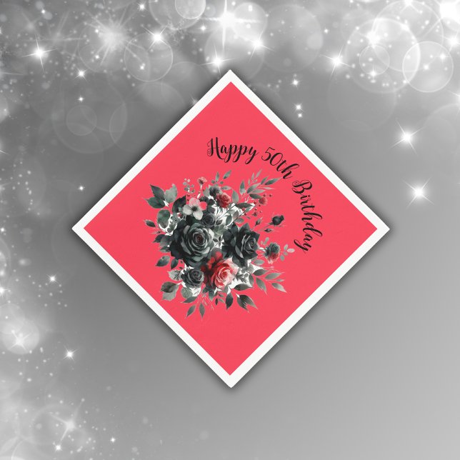 Happy 50th Birthday Red and Black Roses | Napkin (Creator Uploaded)