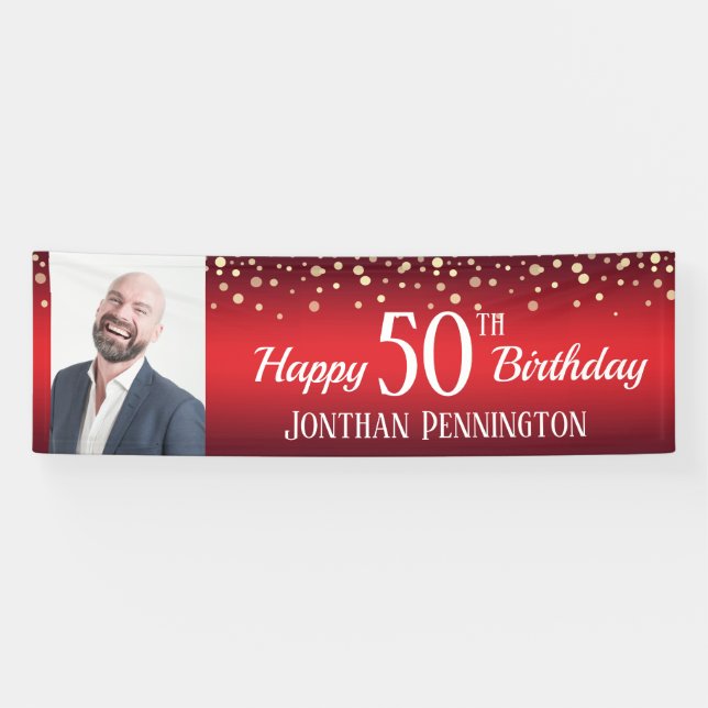 Happy 50th Birthday Red with Confetti One Photo Banner (Horizontal)